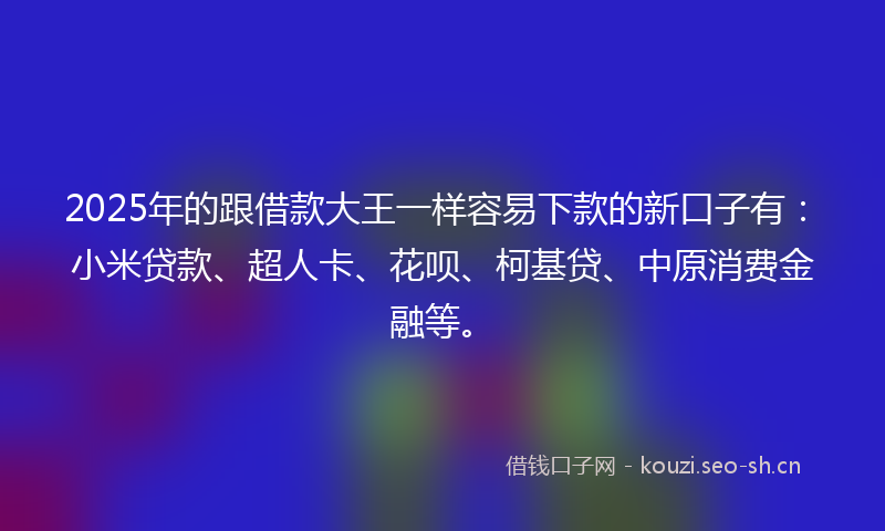 2025年的跟借款大王一样容易下款的新口子有:小米贷款、超人卡、花呗、柯基贷、中原消费金融等。