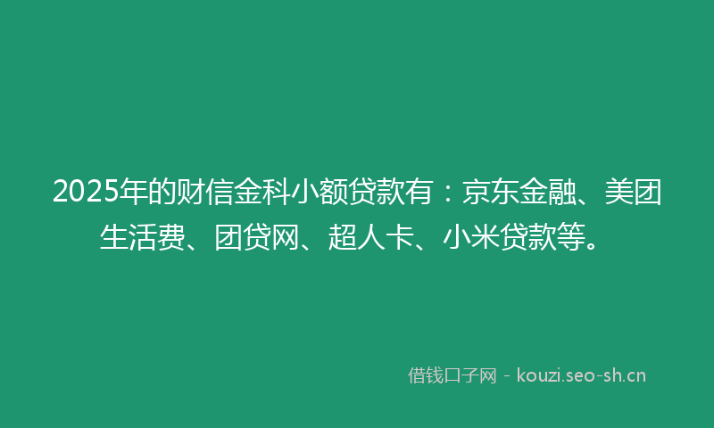 2025年的财信金科小额贷款有：京东金融、美团生活费、团贷网、超人卡、小米贷款等。