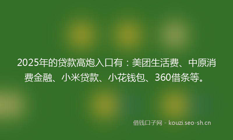2025年的贷款高炮入口有：美团生活费、中原消费金融、小米贷款、小花钱包、360借条等。