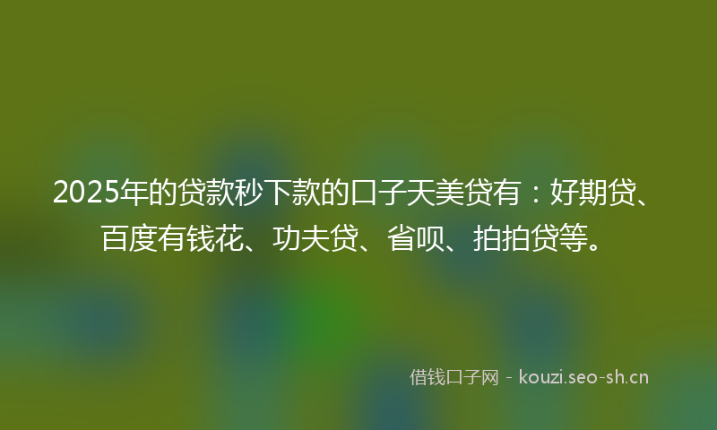 2025年的贷款秒下款的口子天美贷有：好期贷、百度有钱花、功夫贷、省呗、拍拍贷等。