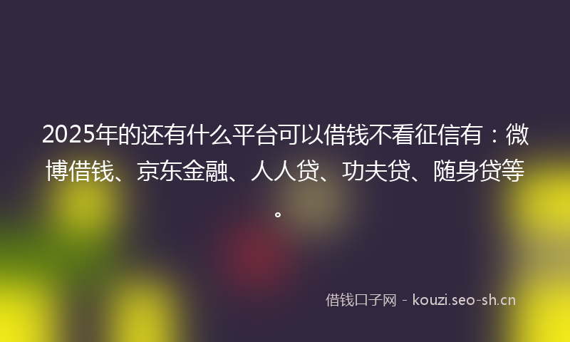 2025年的还有什么平台可以借钱不看征信有:微博借钱、京东金融、人人贷、功夫贷、随身贷等。