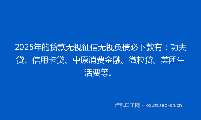 2025年的贷款无视征信无视负债必下款有：功夫贷、信用卡贷、中原消费金融、微粒贷、美团生活费等。