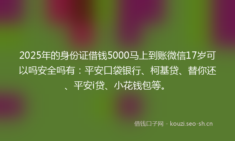 2025年的身份证借钱5000马上到账微信17岁可以吗安全吗有：平安口袋银行、柯基贷、替你还、平安i贷、小花钱包等。