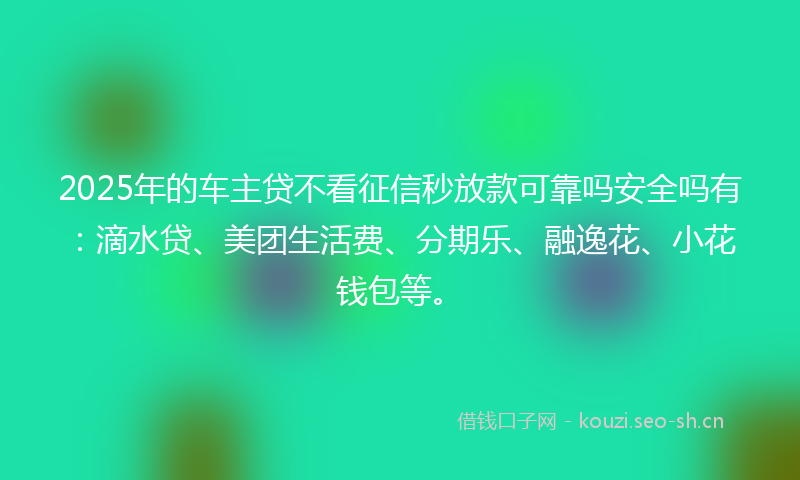 2025年的车主贷不看征信秒放款可靠吗安全吗有：滴水贷、美团生活费、分期乐、融逸花、小花钱包等。