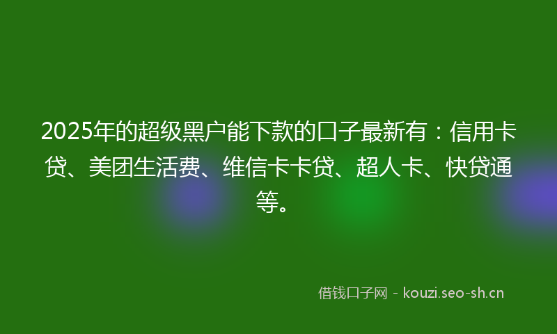 2025年的超级黑户能下款的口子最新有：信用卡贷、美团生活费、维信卡卡贷、超人卡、快贷通等。