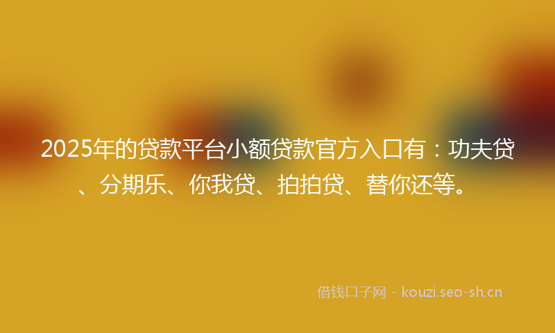 2025年的贷款平台小额贷款官方入口有：功夫贷、分期乐、你我贷、拍拍贷、替你还等。