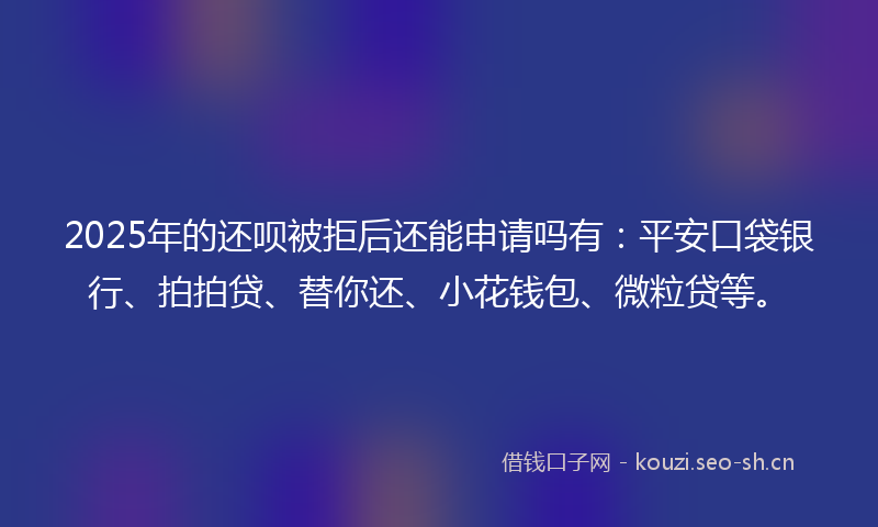 2025年的还呗被拒后还能申请吗有：平安口袋银行、拍拍贷、替你还、小花钱包、微粒贷等。