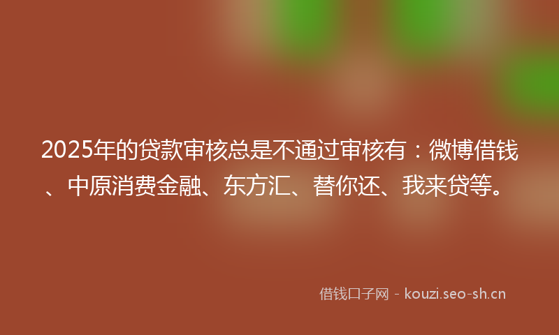 2025年的贷款审核总是不通过审核有：微博借钱、中原消费金融、东方汇、替你还、我来贷等。