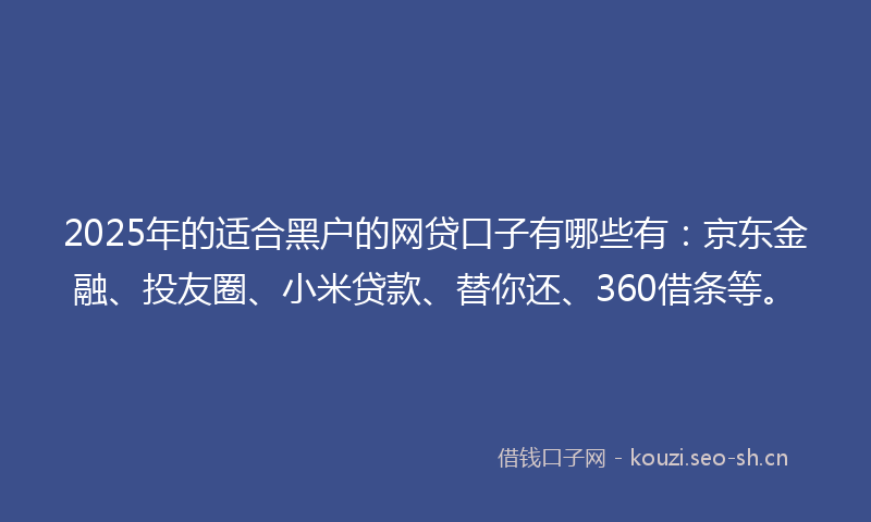 2025年的适合黑户的网贷口子有哪些有：京东金融、投友圈、小米贷款、替你还、360借条等。