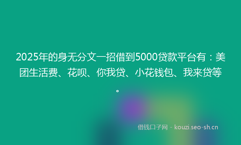 2025年的身无分文一招借到5000贷款平台有：美团生活费、花呗、你我贷、小花钱包、我来贷等。