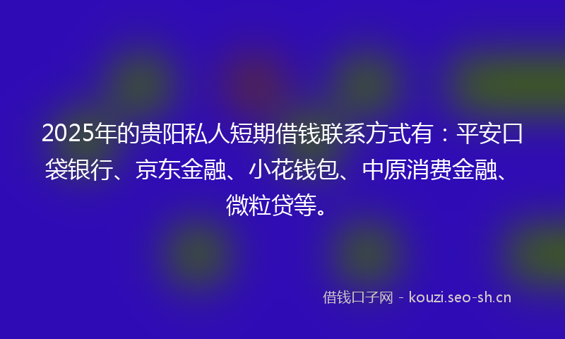 2025年的贵阳私人短期借钱联系方式有：平安口袋银行、京东金融、小花钱包、中原消费金融、微粒贷等。