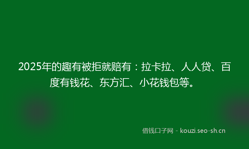 2025年的趣有被拒就赔有：拉卡拉、人人贷、百度有钱花、东方汇、小花钱包等。