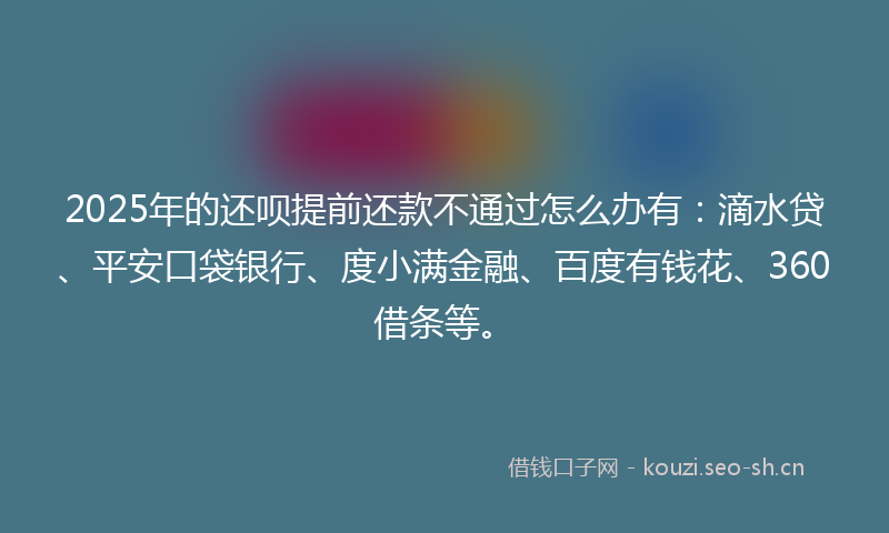 2025年的还呗提前还款不通过怎么办有：滴水贷、平安口袋银行、度小满金融、百度有钱花、360借条等。