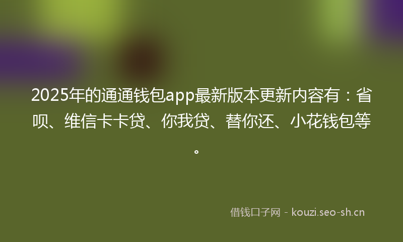 2025年的通通钱包app最新版本更新内容有：省呗、维信卡卡贷、你我贷、替你还、小花钱包等。