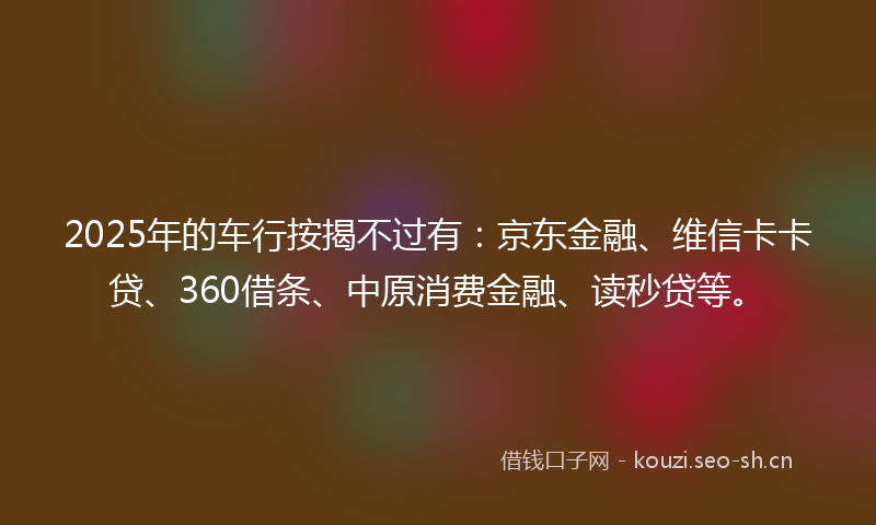 2025年的车行按揭不过有：京东金融、维信卡卡贷、360借条、中原消费金融、读秒贷等。