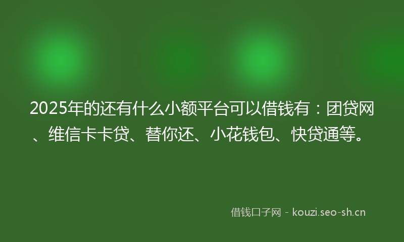 2025年的还有什么小额平台可以借钱有：团贷网、维信卡卡贷、替你还、小花钱包、快贷通等。