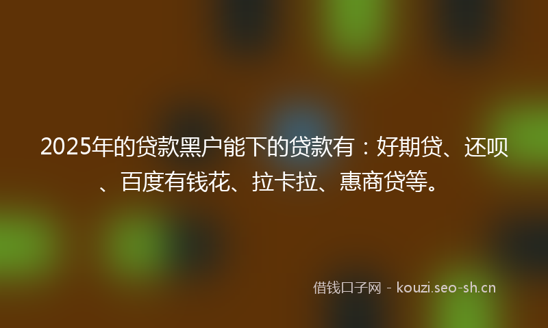 2025年的贷款黑户能下的贷款有:好期贷、还呗、百度有钱花、拉卡拉、惠商贷等。