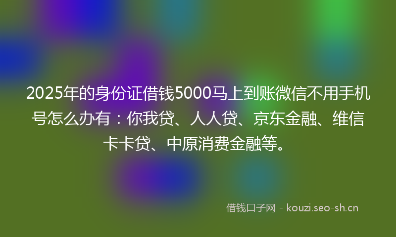 2025年的身份证借钱5000马上到账微信不用手机号怎么办有：你我贷、人人贷、京东金融、维信卡卡贷、中原消费金融等。