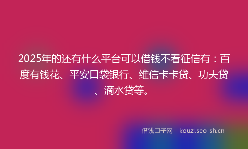 2025年的还有什么平台可以借钱不看征信有：百度有钱花、平安口袋银行、维信卡卡贷、功夫贷、滴水贷等。