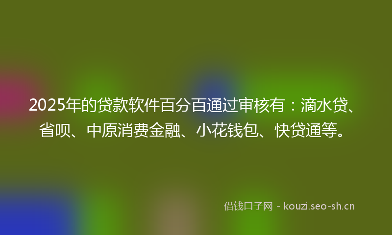 2025年的贷款软件百分百通过审核有：滴水贷、省呗、中原消费金融、小花钱包、快贷通等。