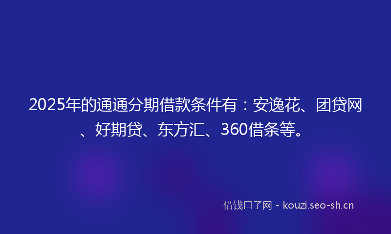 2025年的通通分期借款条件有：安逸花、团贷网、好期贷、东方汇、360借条等。