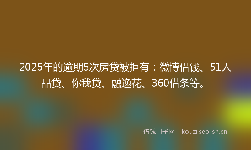 2025年的逾期5次房贷被拒有：微博借钱、51人品贷、你我贷、融逸花、360借条等。