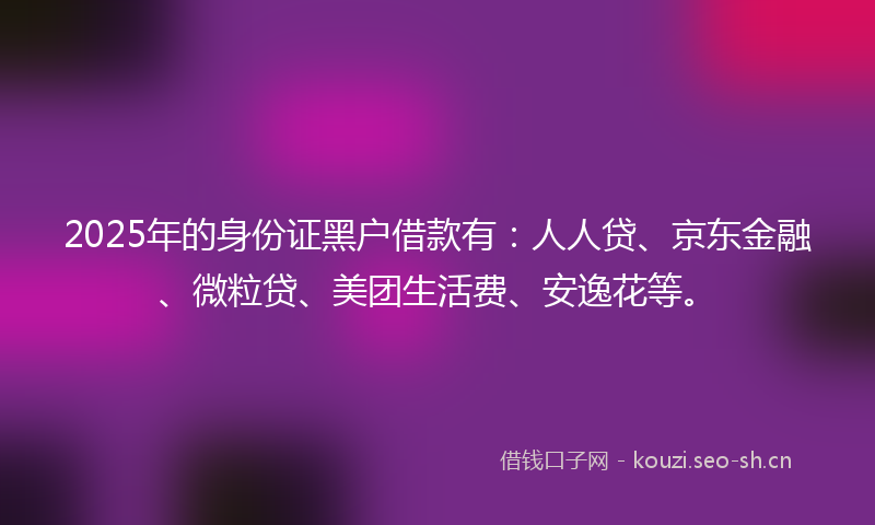 2025年的身份证黑户借款有：人人贷、京东金融、微粒贷、美团生活费、安逸花等。