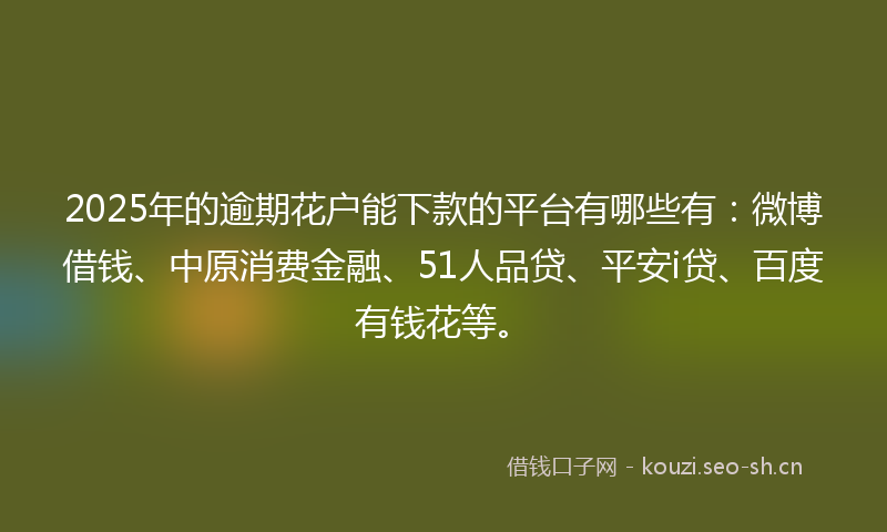 2025年的逾期花户能下款的平台有哪些有：微博借钱、中原消费金融、51人品贷、平安i贷、百度有钱花等。