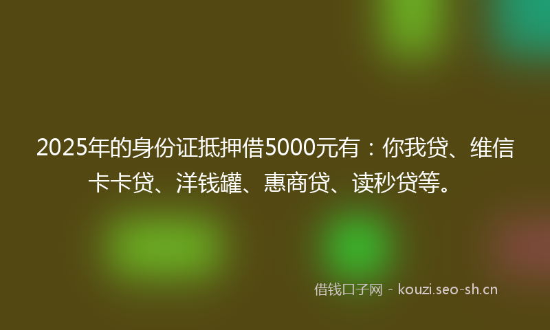 2025年的身份证抵押借5000元有：你我贷、维信卡卡贷、洋钱罐、惠商贷、读秒贷等。