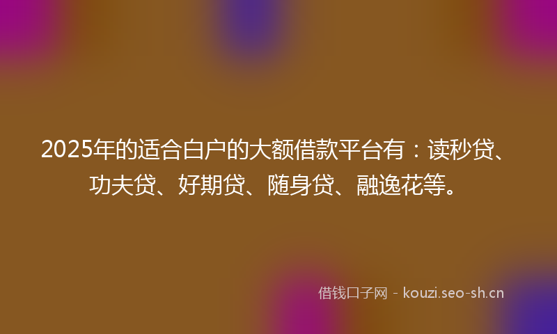 2025年的适合白户的大额借款平台有：读秒贷、功夫贷、好期贷、随身贷、融逸花等。