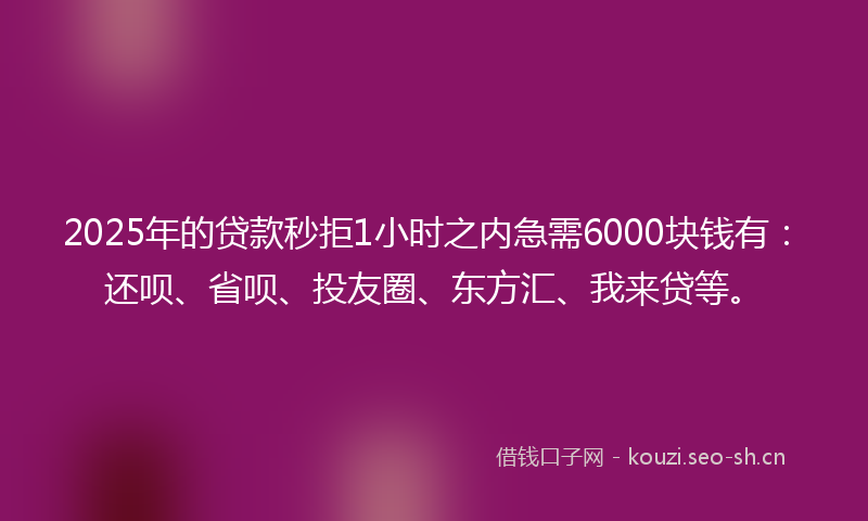 2025年的贷款秒拒1小时之内急需6000块钱有：还呗、省呗、投友圈、东方汇、我来贷等。