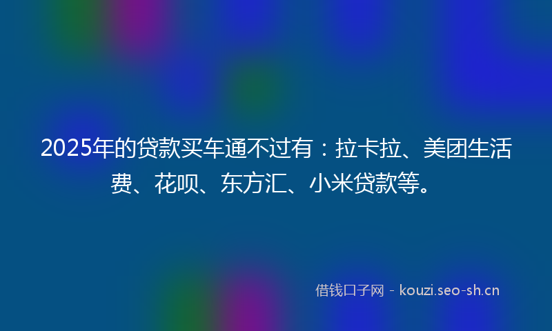 2025年的贷款买车通不过有：拉卡拉、美团生活费、花呗、东方汇、小米贷款等。