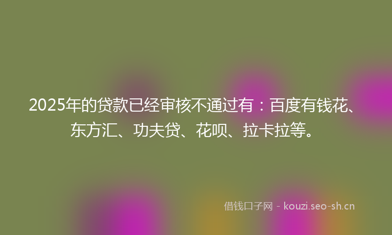 2025年的贷款已经审核不通过有：百度有钱花、东方汇、功夫贷、花呗、拉卡拉等。