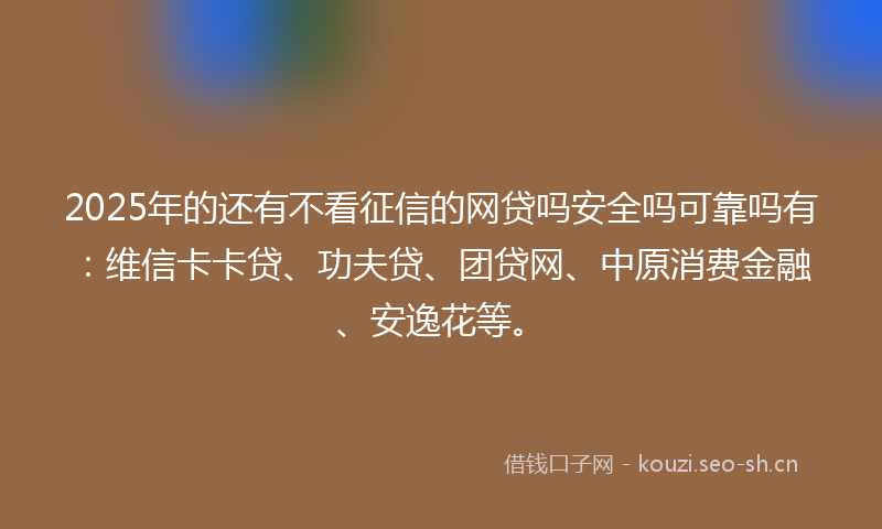 2025年的还有不看征信的网贷吗安全吗可靠吗有：维信卡卡贷、功夫贷、团贷网、中原消费金融、安逸花等。