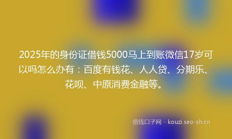 2025年的身份证借钱5000马上到账微信17岁可以吗怎么办有：百度有钱花、人人贷、分期乐、花呗、中原消费金融等。