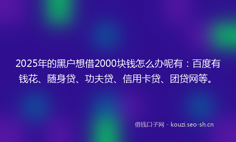 2025年的黑户想借2000块钱怎么办呢有：百度有钱花、随身贷、功夫贷、信用卡贷、团贷网等。