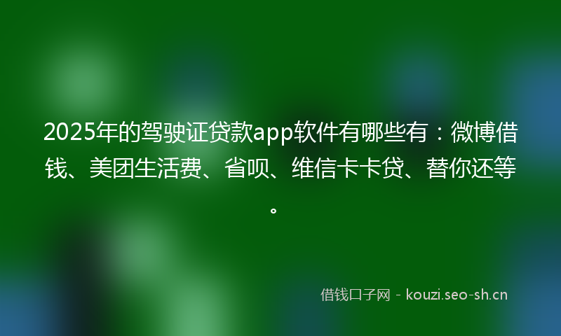 2025年的驾驶证贷款app软件有哪些有：微博借钱、美团生活费、省呗、维信卡卡贷、替你还等。