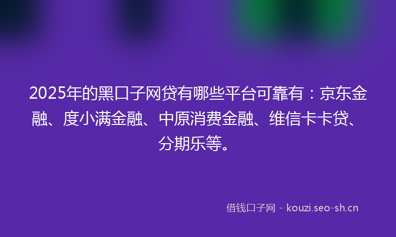 2025年的黑口子网贷有哪些平台可靠有:京东金融、度小满金融、中原消费金融、维信卡卡贷、分期乐等。