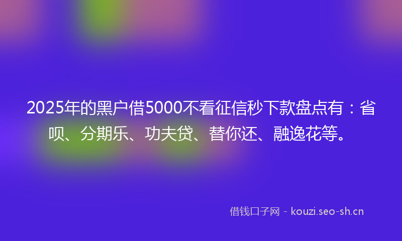 2025年的黑户借5000不看征信秒下款盘点有：省呗、分期乐、功夫贷、替你还、融逸花等。