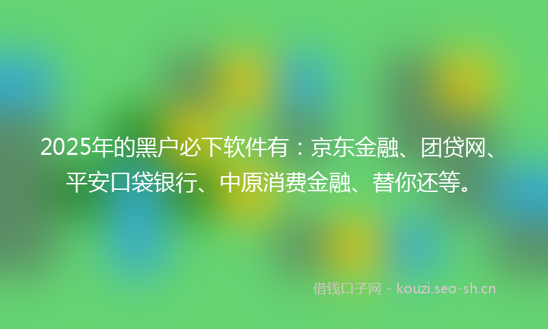 2025年的黑户必下软件有：京东金融、团贷网、平安口袋银行、中原消费金融、替你还等。