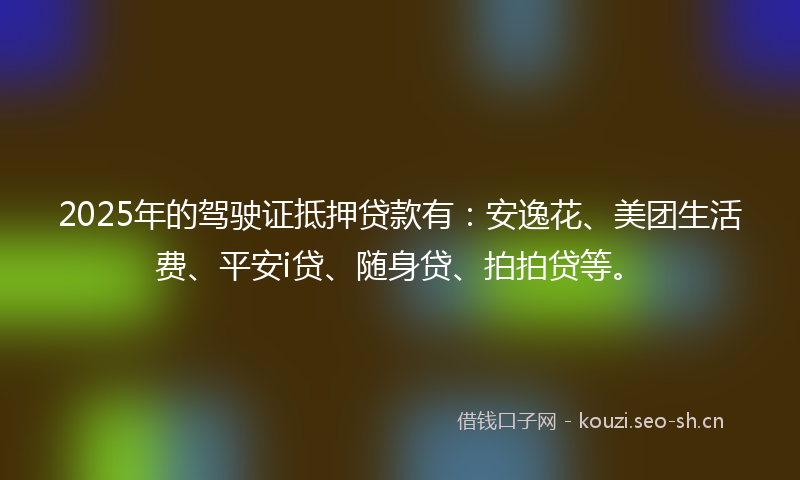 2025年的驾驶证抵押贷款有：安逸花、美团生活费、平安i贷、随身贷、拍拍贷等。