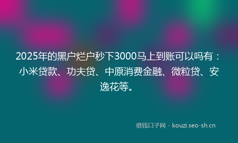 2025年的黑户烂户秒下3000马上到账可以吗有：小米贷款、功夫贷、中原消费金融、微粒贷、安逸花等。