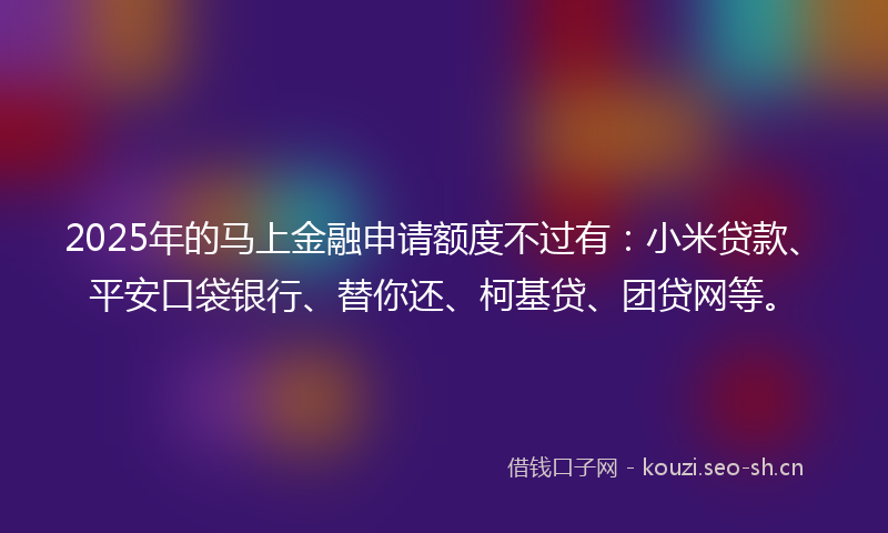 2025年的马上金融申请额度不过有：小米贷款、平安口袋银行、替你还、柯基贷、团贷网等。