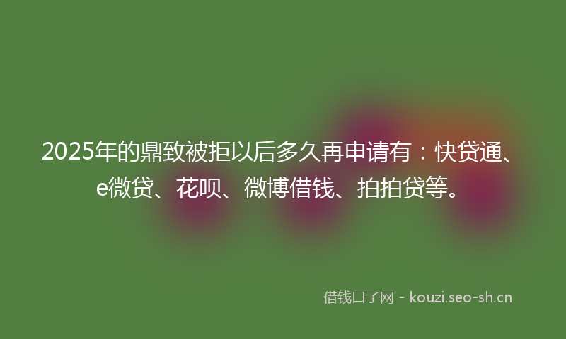 2025年的鼎致被拒以后多久再申请有：快贷通、e微贷、花呗、微博借钱、拍拍贷等。