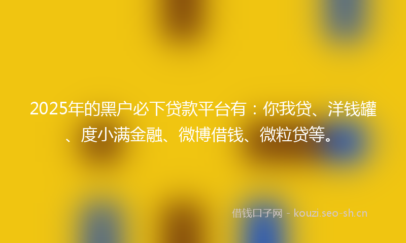 2025年的黑户必下贷款平台有：你我贷、洋钱罐、度小满金融、微博借钱、微粒贷等。