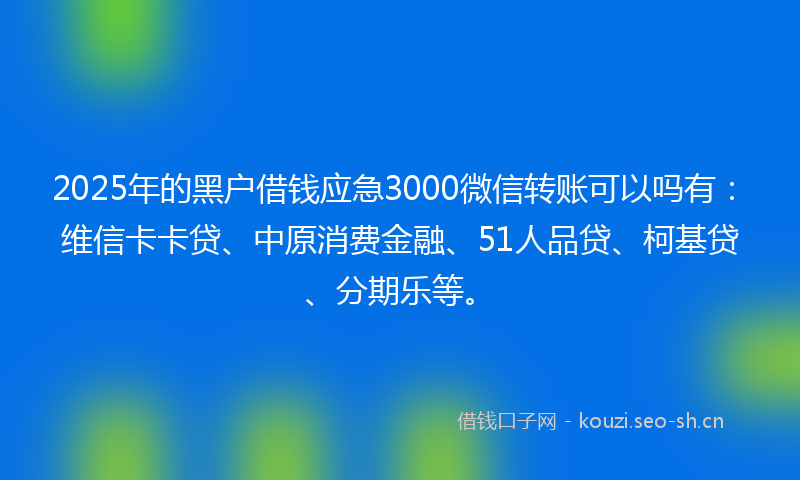 2025年的黑户借钱应急3000微信转账可以吗有：维信卡卡贷、中原消费金融、51人品贷、柯基贷、分期乐等。