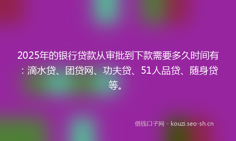 2025年的银行贷款从审批到下款需要多久时间有：滴水贷、团贷网、功夫贷、51人品贷、随身贷等。