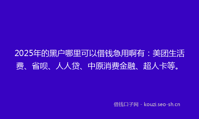 2025年的黑户哪里可以借钱急用啊有：美团生活费、省呗、人人贷、中原消费金融、超人卡等。