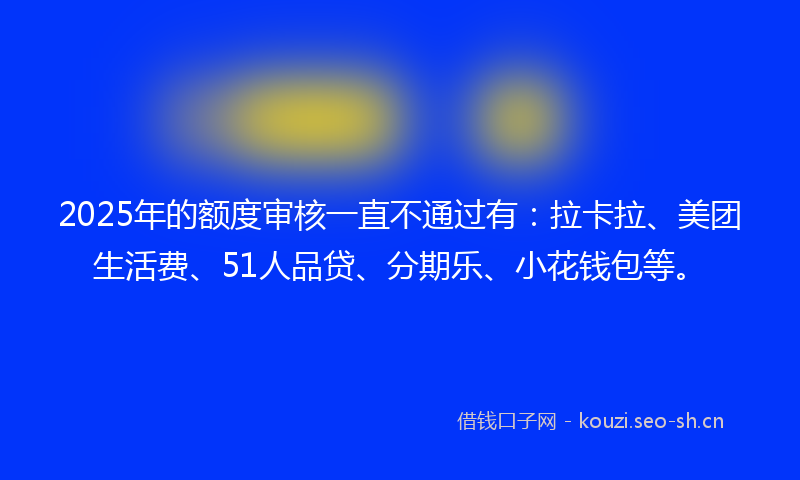2025年的额度审核一直不通过有：拉卡拉、美团生活费、51人品贷、分期乐、小花钱包等。