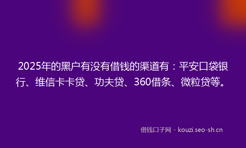 2025年的黑户有没有借钱的渠道有:平安口袋银行、维信卡卡贷、功夫贷、360借条、微粒贷等。